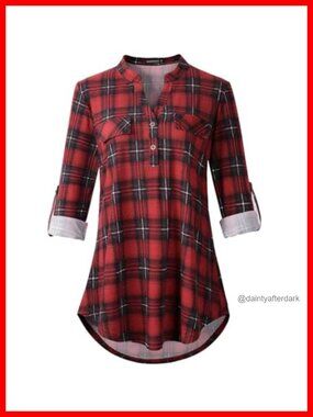 Plus Size Plaid Tunic Top Mandarin Collar 3/4 Sleeve Business Casual Blouse